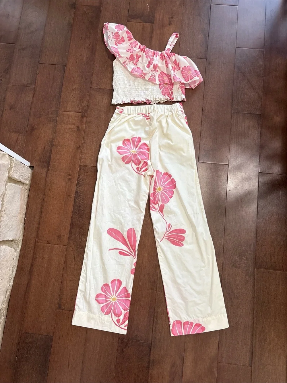 Zara Kids Girls Pink Floral Ruffle Top and Pants Set Size 11-12 Years